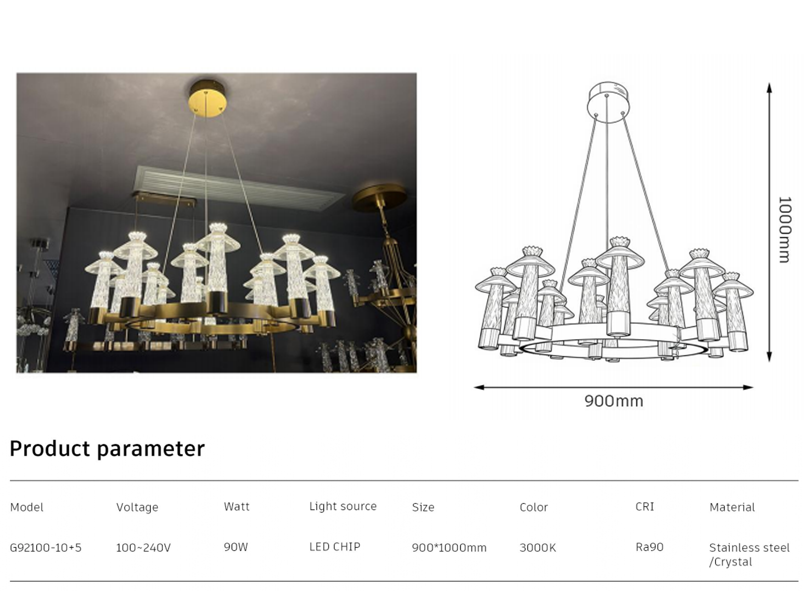 Technical specification layout for 90W Ra90 crystal ring chandelier with 100-240V global driver parameters