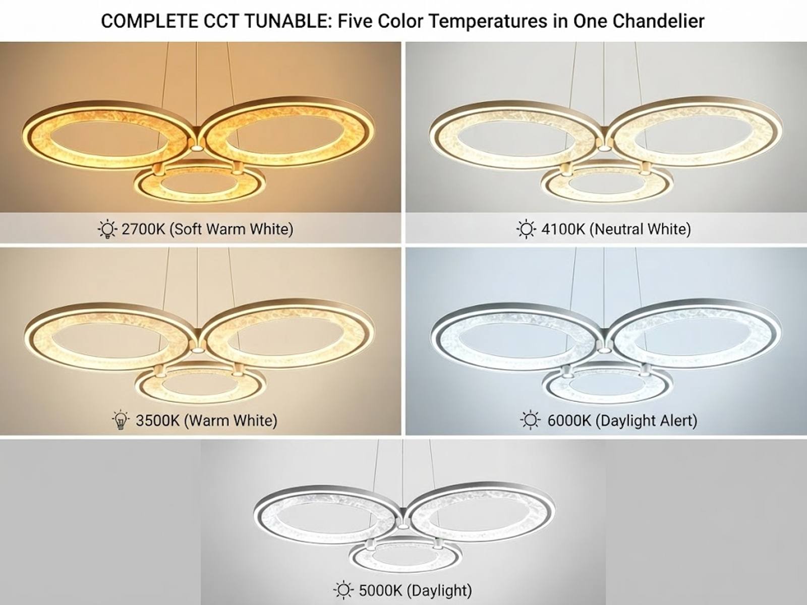 3-ring champagne gold aluminum LED chandelier with textured foil reflector rings and matching aluminum ceiling canopy