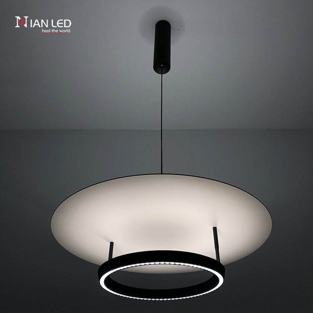 Modern eclipse circular ring aluminum LED pendant light with matte black ring and glowing aluminum reflector disc against grey background