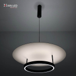 Modern eclipse circular ring aluminum LED pendant light with matte black ring and glowing aluminum reflector disc against grey background