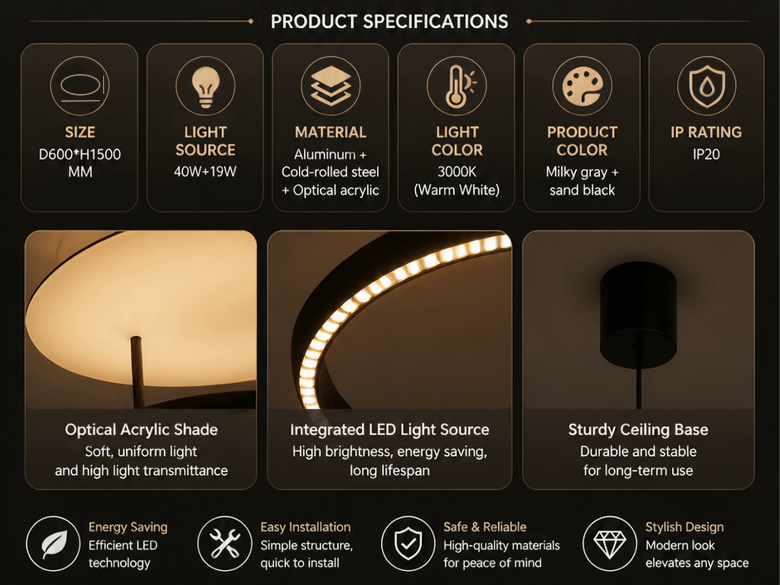 Modern eclipse circular ring aluminum LED pendant light with matte black ring and glowing aluminum reflector disc against grey background