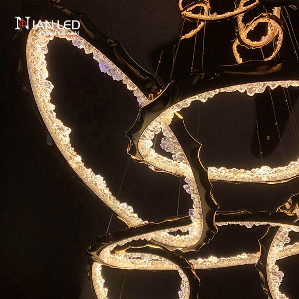 ianled luxury gold organic wave LED chandelier close-up with frosted optical acrylic diffuser and electroplated zinc alloy body