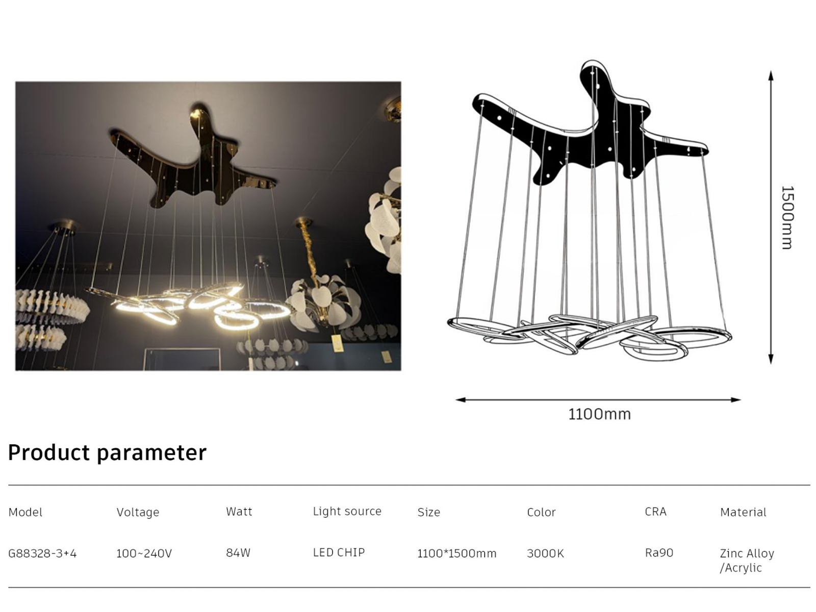 Upward view of modern gold ribbon LED chandelier suspended from matching organic shaped canopy with multi-loop wave design