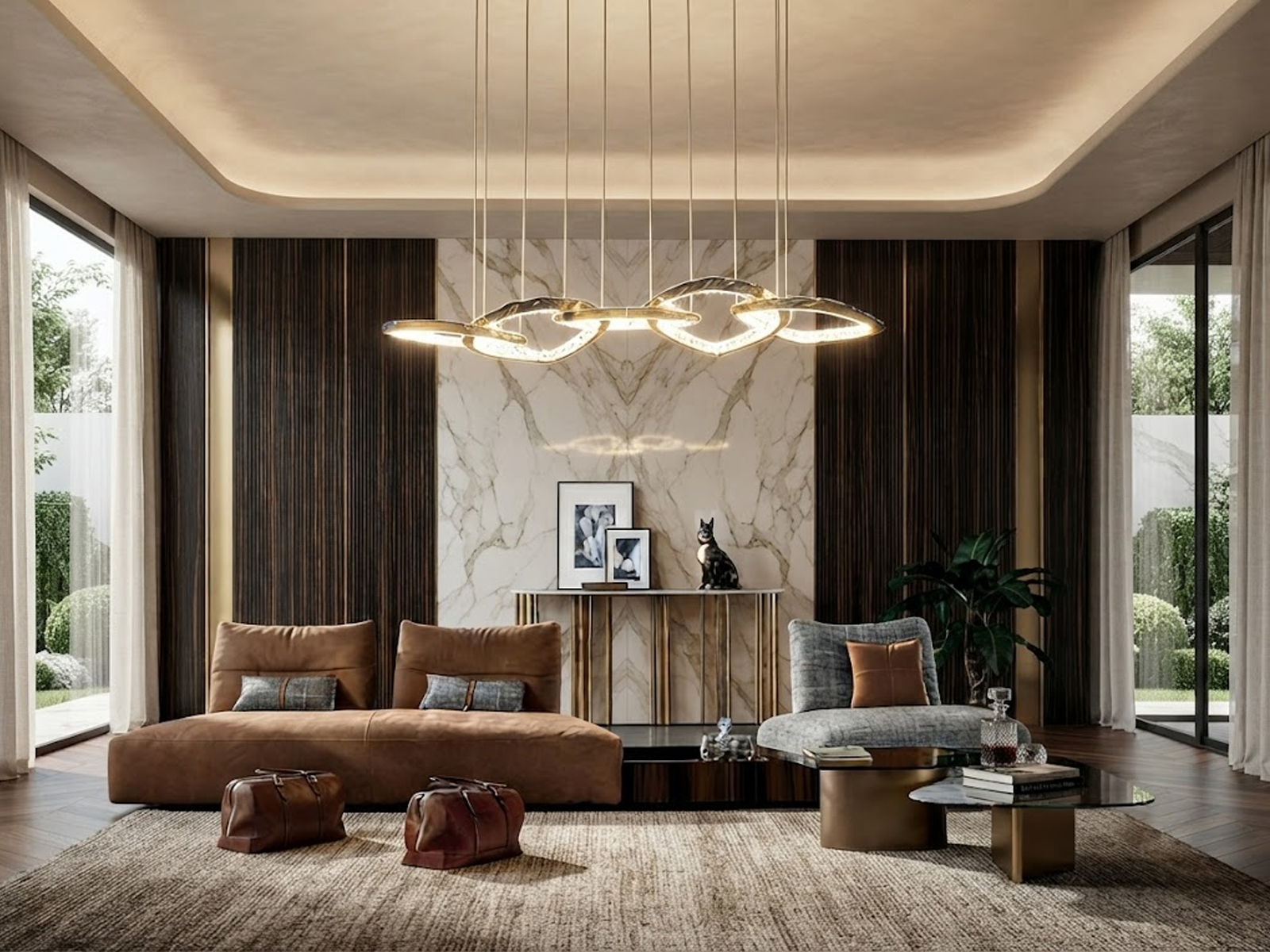 Modern organic vine interlocking ring linear LED chandelier hanging over a luxury living room sofa with gold mirror finish