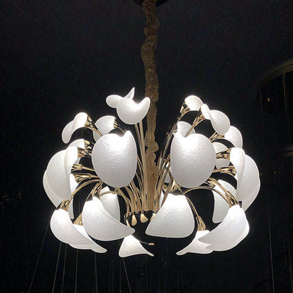 360 degree glowing spherical blooming petal LED chandelier with electroplated gold zinc alloy frame against dark background