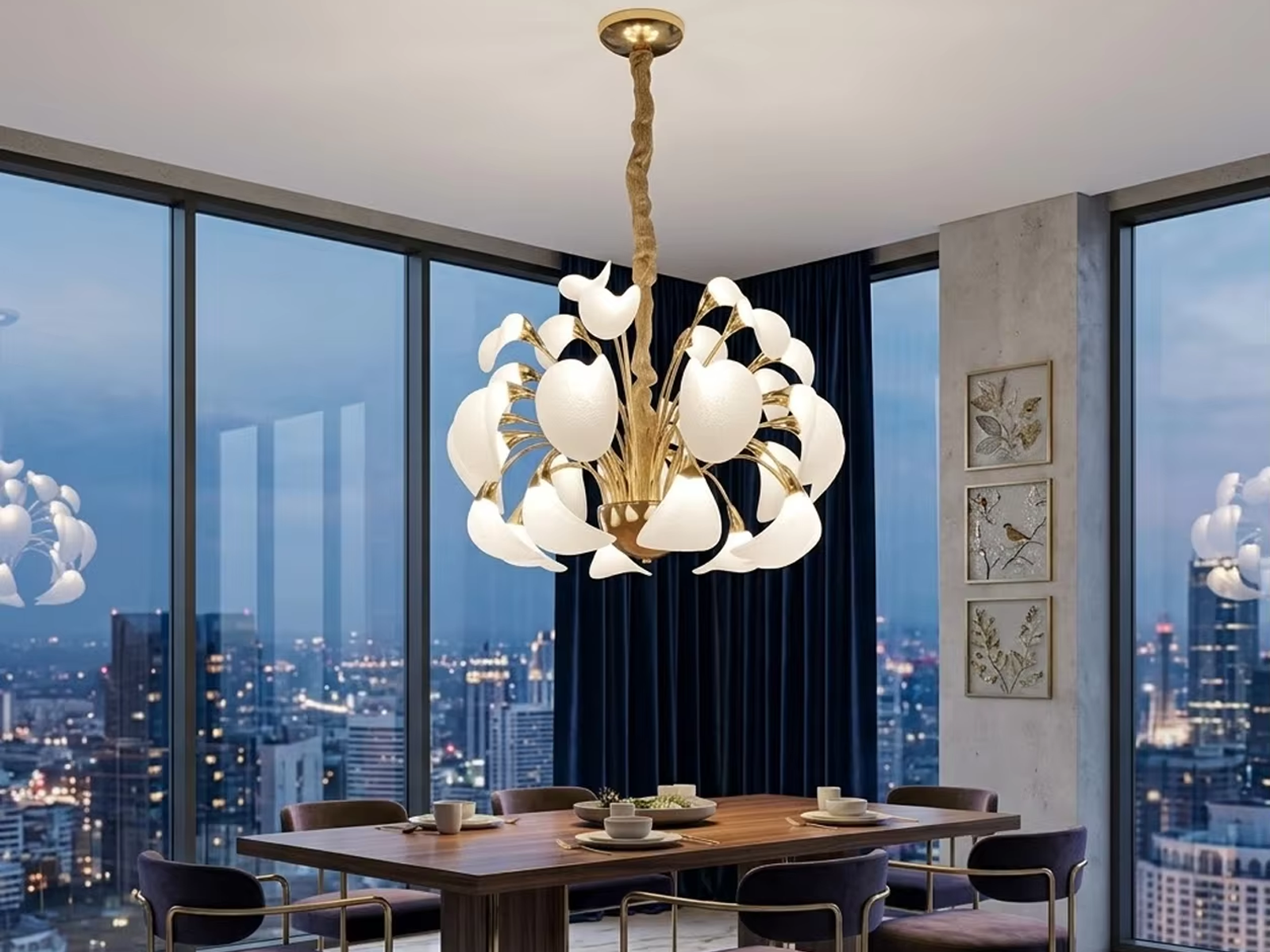 Spherical blooming petal LED chandelier hanging over a marble dining table in a contemporary luxury apartment