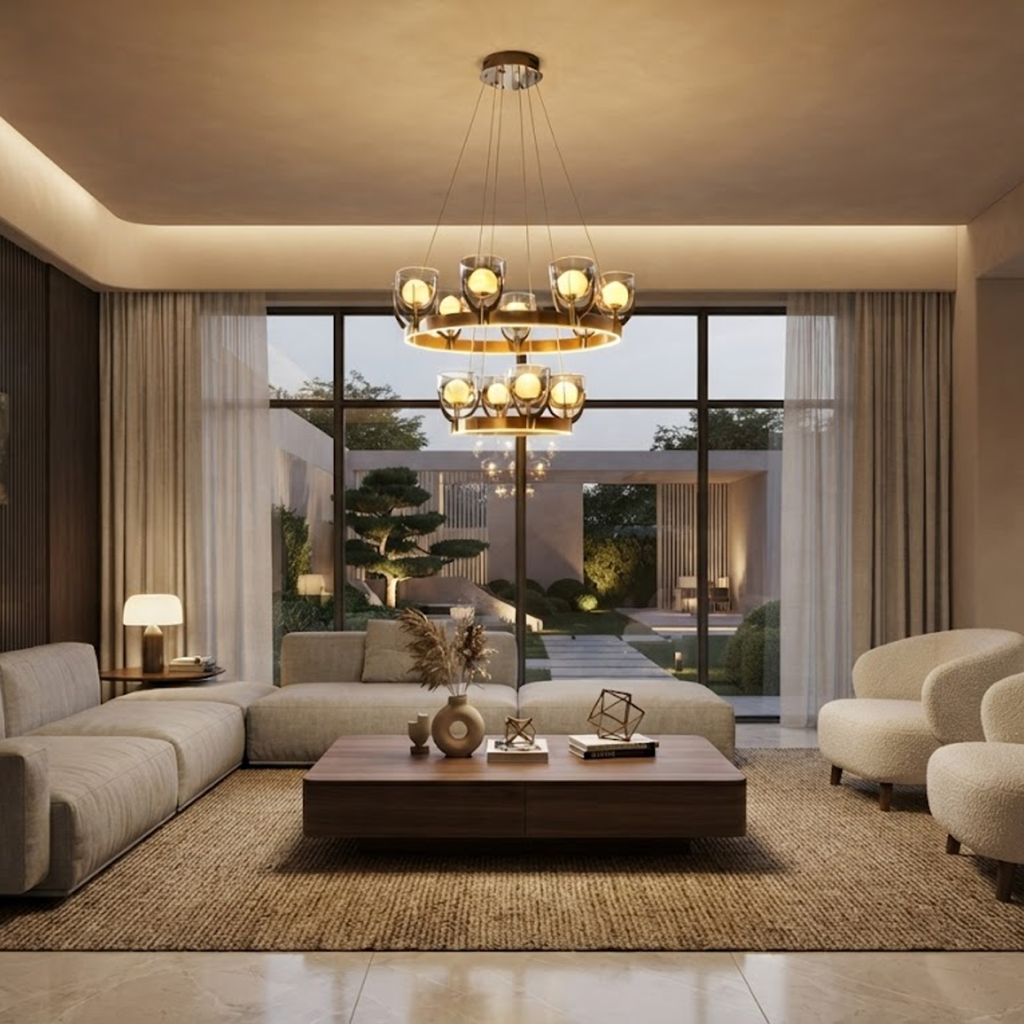 Tiered halo ring chandelier with brushed brown semi-matte oil finish hanging in a modern high-ceiling luxury living room
