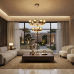 Tiered halo ring chandelier with brushed brown semi-matte oil finish hanging in a modern high-ceiling luxury living room
