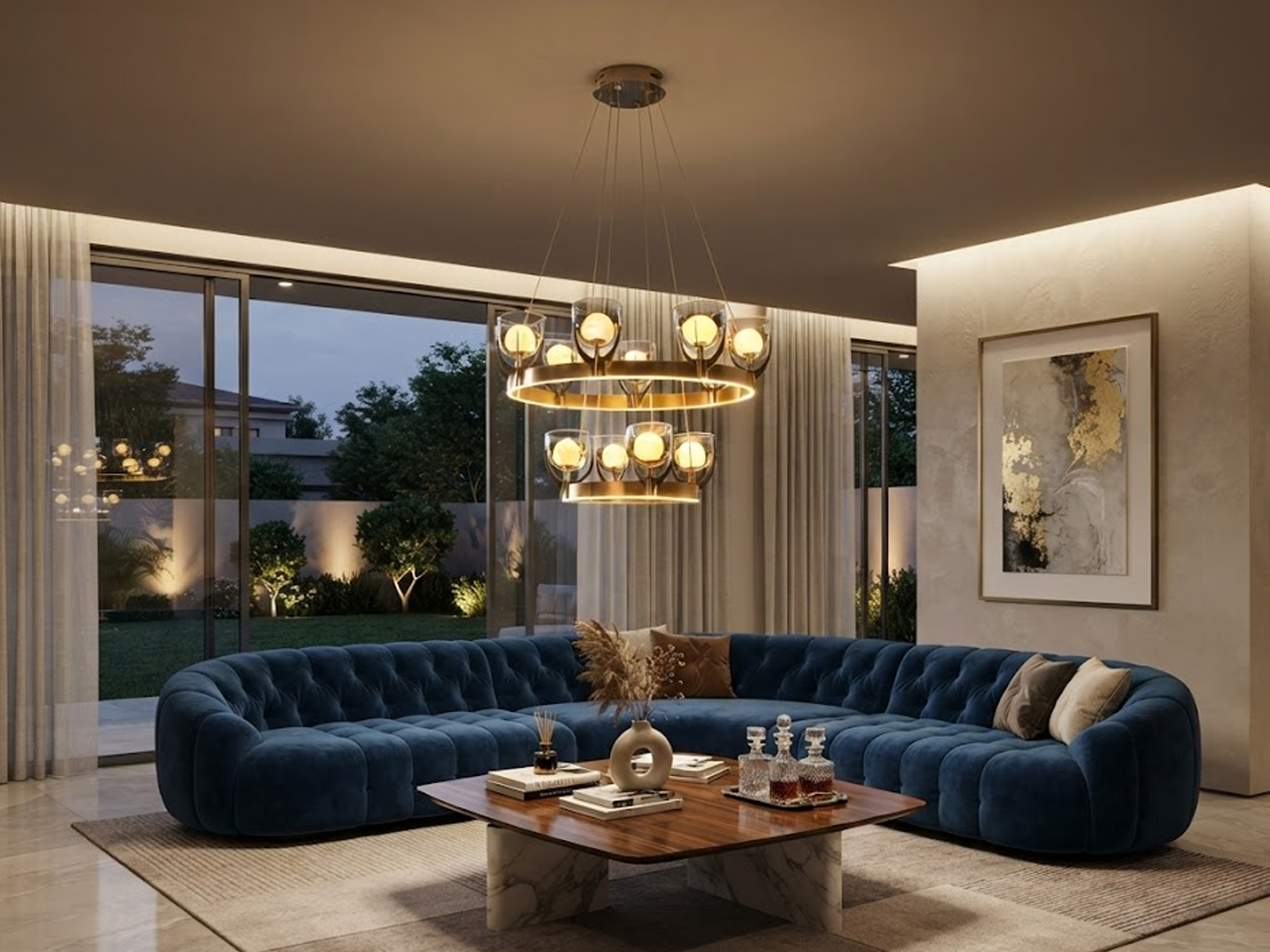 Tiered halo ring chandelier with brushed brown semi-matte oil finish hanging in a modern high-ceiling luxury living room