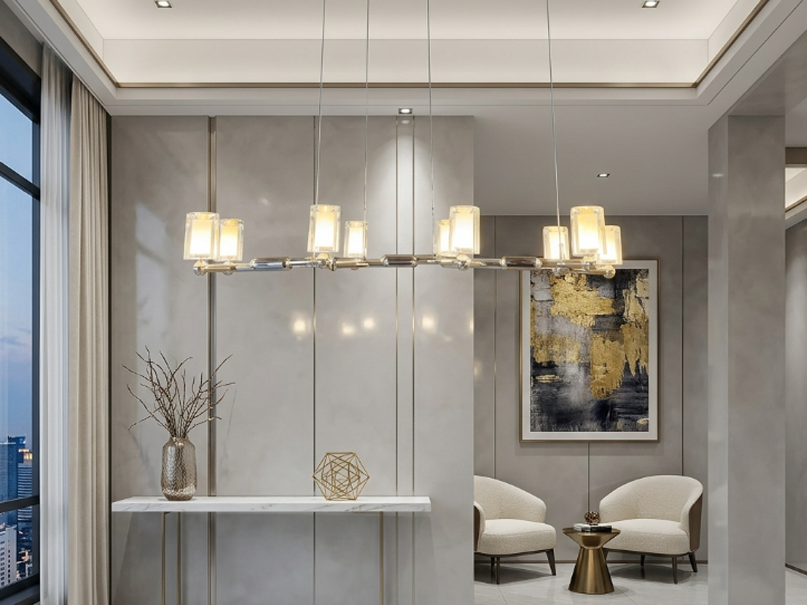 Glowing modern branching node linear LED chandelier with glass cylinder cups illuminated in living room