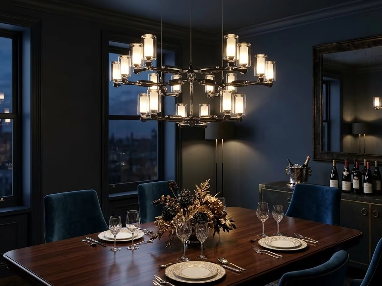 Modern tiered molecular branch LED chandelier with polished chrome finish suspended over a luxury dark dining table with velvet chairs