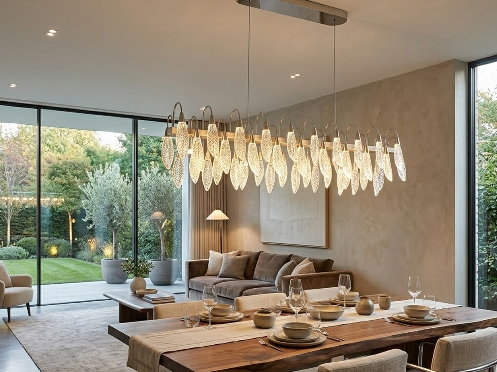 Large crystal-texture feather linear LED chandelier hanging above a luxury marble hotel reception desk in a contemporary lobby