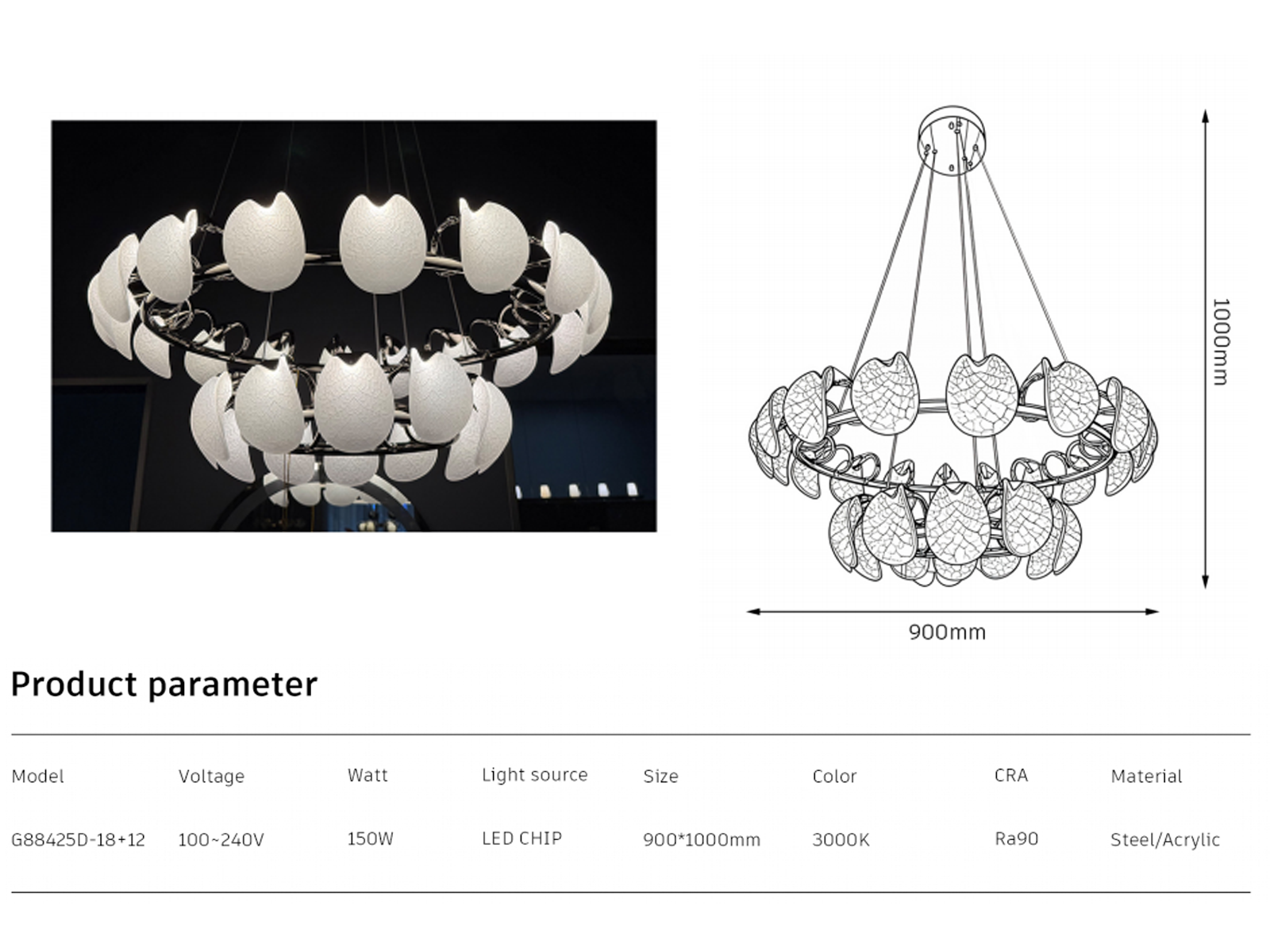 Two-tier leaf-vein halo ring LED chandelier with chrome steel frame hanging in a modern luxury living room above a grey leather sofa