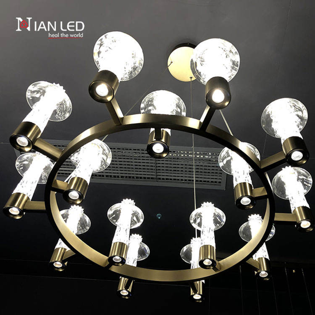Modern 900mm carved crystal ring chandelier G92100-10+5 with line drawing blueprint showing 1000mm adjustable height