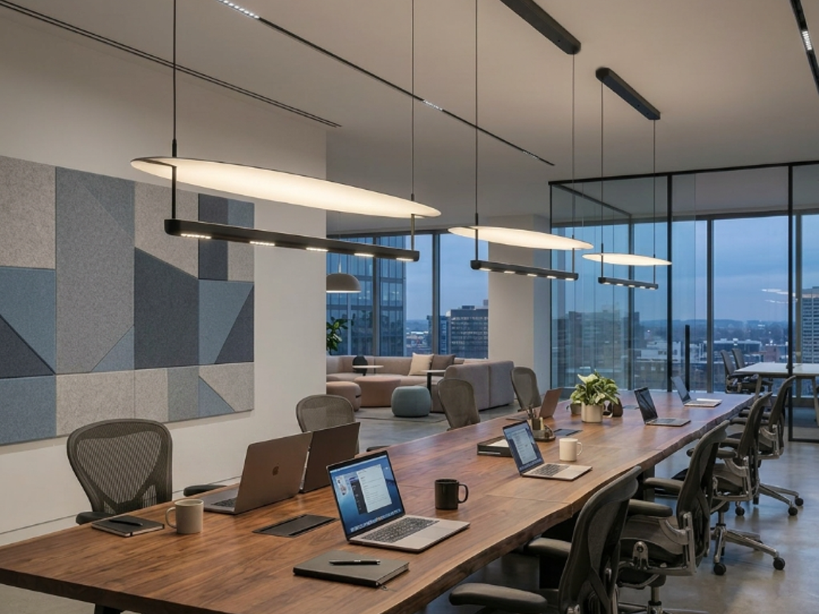 Modern surfboard linear aluminum pendant light with matte black frame and glowing sandblasted aluminum reflector wing in a dark room
