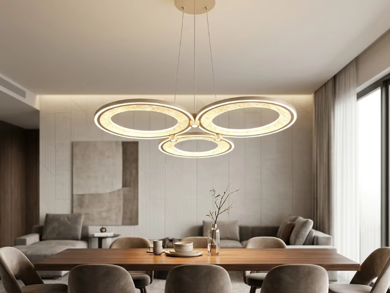 3-ring champagne gold aluminum LED chandelier with textured foil reflector rings and matching aluminum ceiling canopy