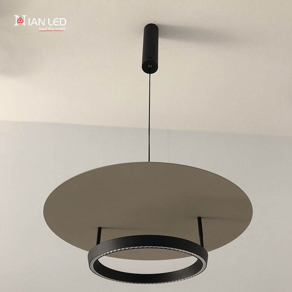 Sleek black aluminum ring chandelier with sandblasted aluminum reflector disc and cylindrical aluminum ceiling canopy