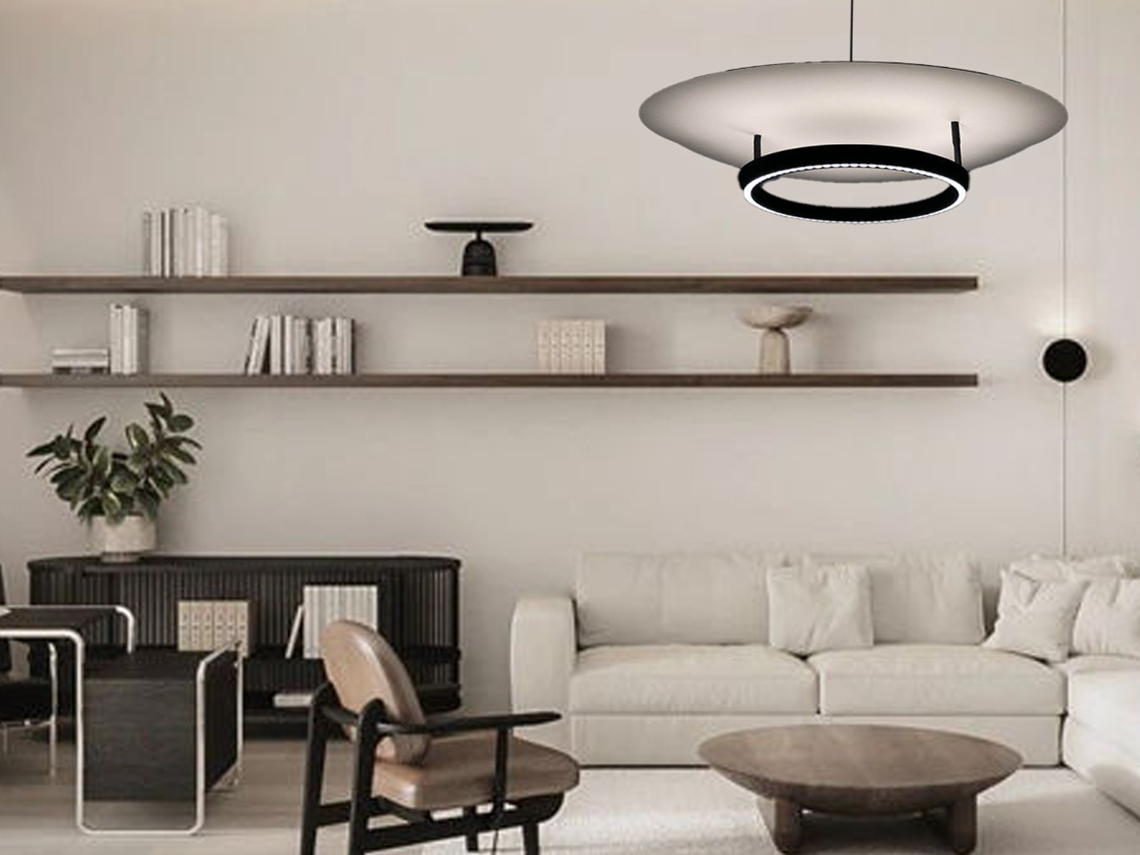 Modern eclipse circular ring aluminum LED pendant light with matte black ring and glowing aluminum reflector disc against grey background