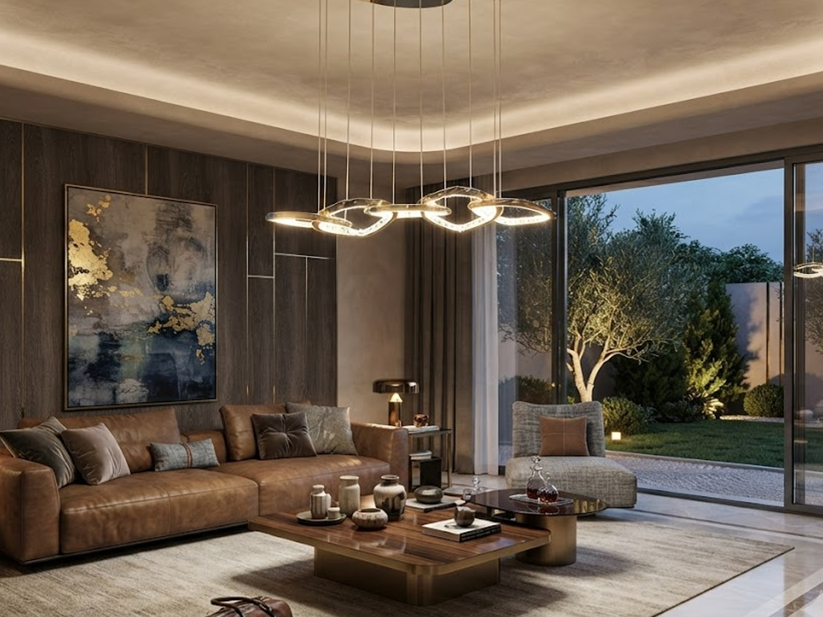 Modern organic vine interlocking ring linear LED chandelier hanging over a luxury living room sofa with gold mirror finish