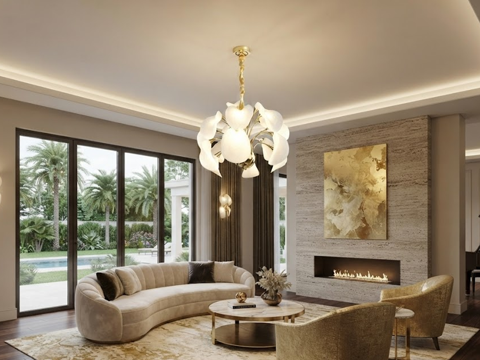 Modern blooming petal LED chandelier suspended in a contemporary luxury living room with beige sofas and wooden paneling