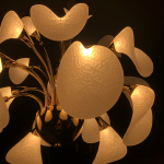 Close-up of frosted optical acrylic shade with leaf vein texture mounted on polished gold zinc alloy stem