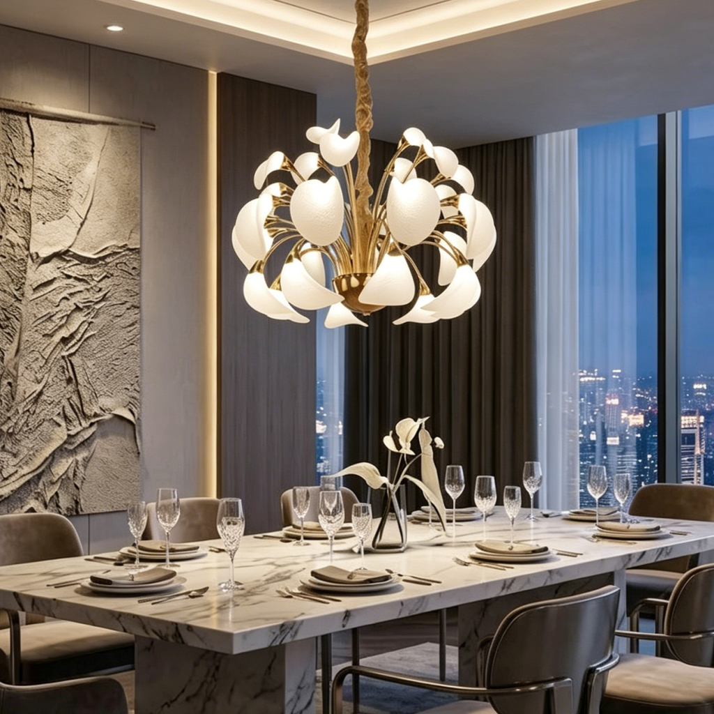Spherical blooming petal LED chandelier hanging over a marble dining table in a contemporary luxury apartment