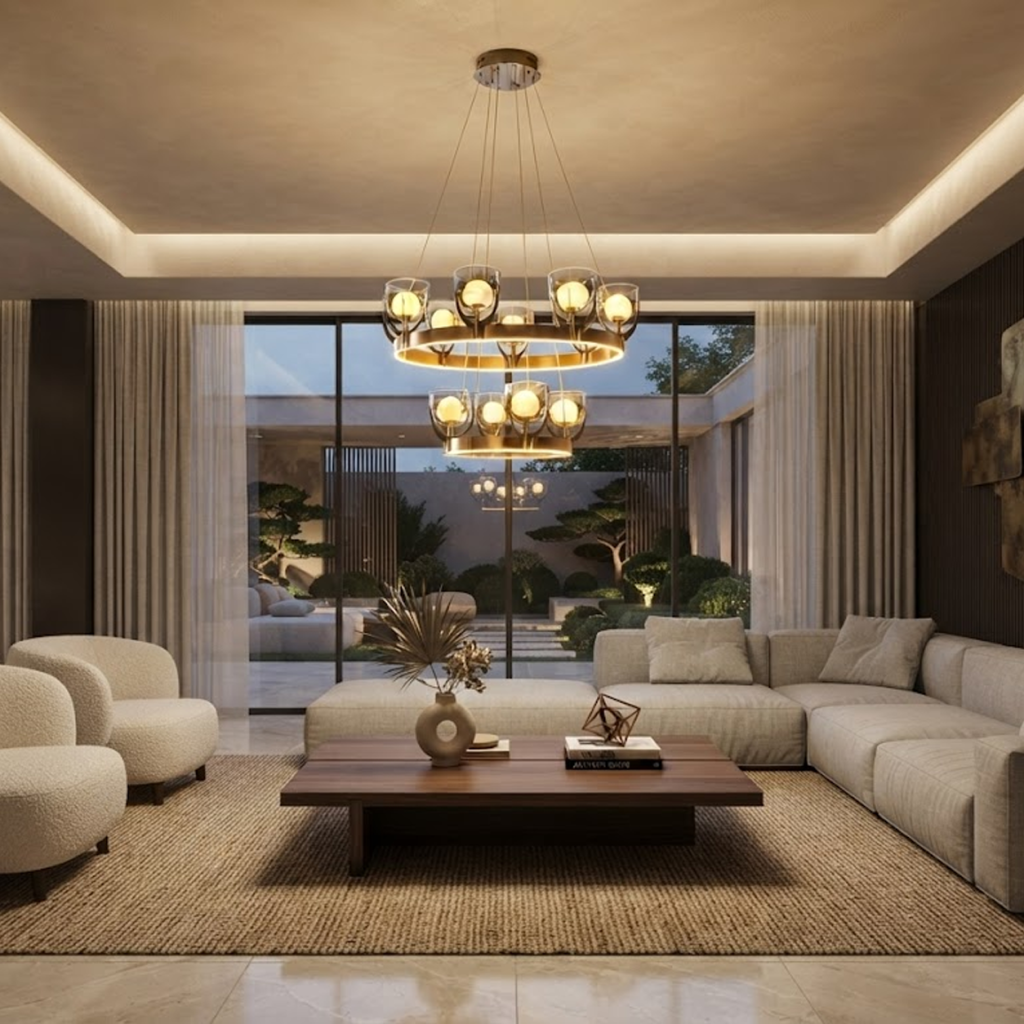 Tiered halo ring chandelier with brushed brown semi-matte oil finish hanging in a modern high-ceiling luxury living room