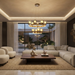 Tiered halo ring chandelier with brushed brown semi-matte oil finish hanging in a modern high-ceiling luxury living room