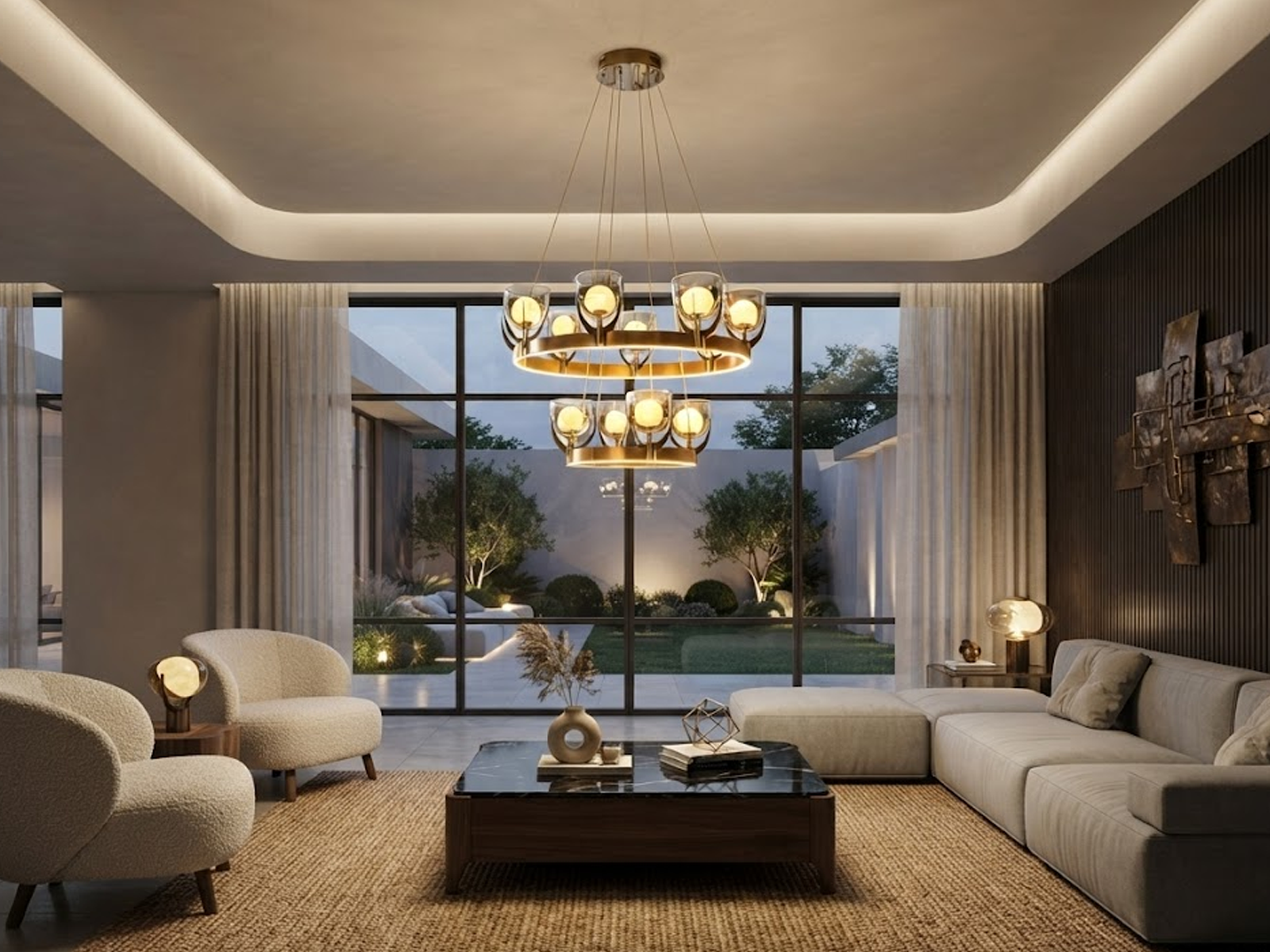 Tiered halo ring chandelier with brushed brown semi-matte oil finish hanging in a modern high-ceiling luxury living room