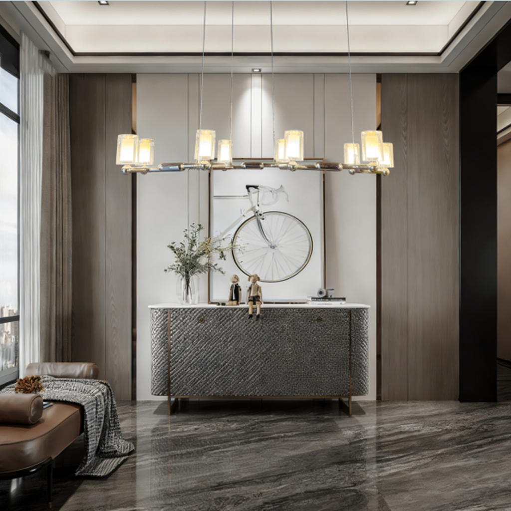 Glowing modern branching node linear LED chandelier with glass cylinder cups illuminated in living room