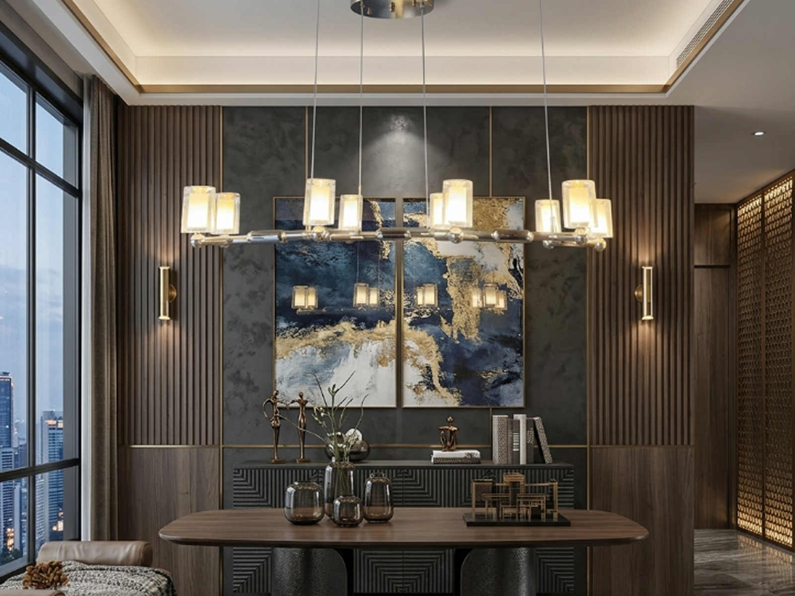Glowing modern branching node linear LED chandelier with glass cylinder cups illuminated in living room