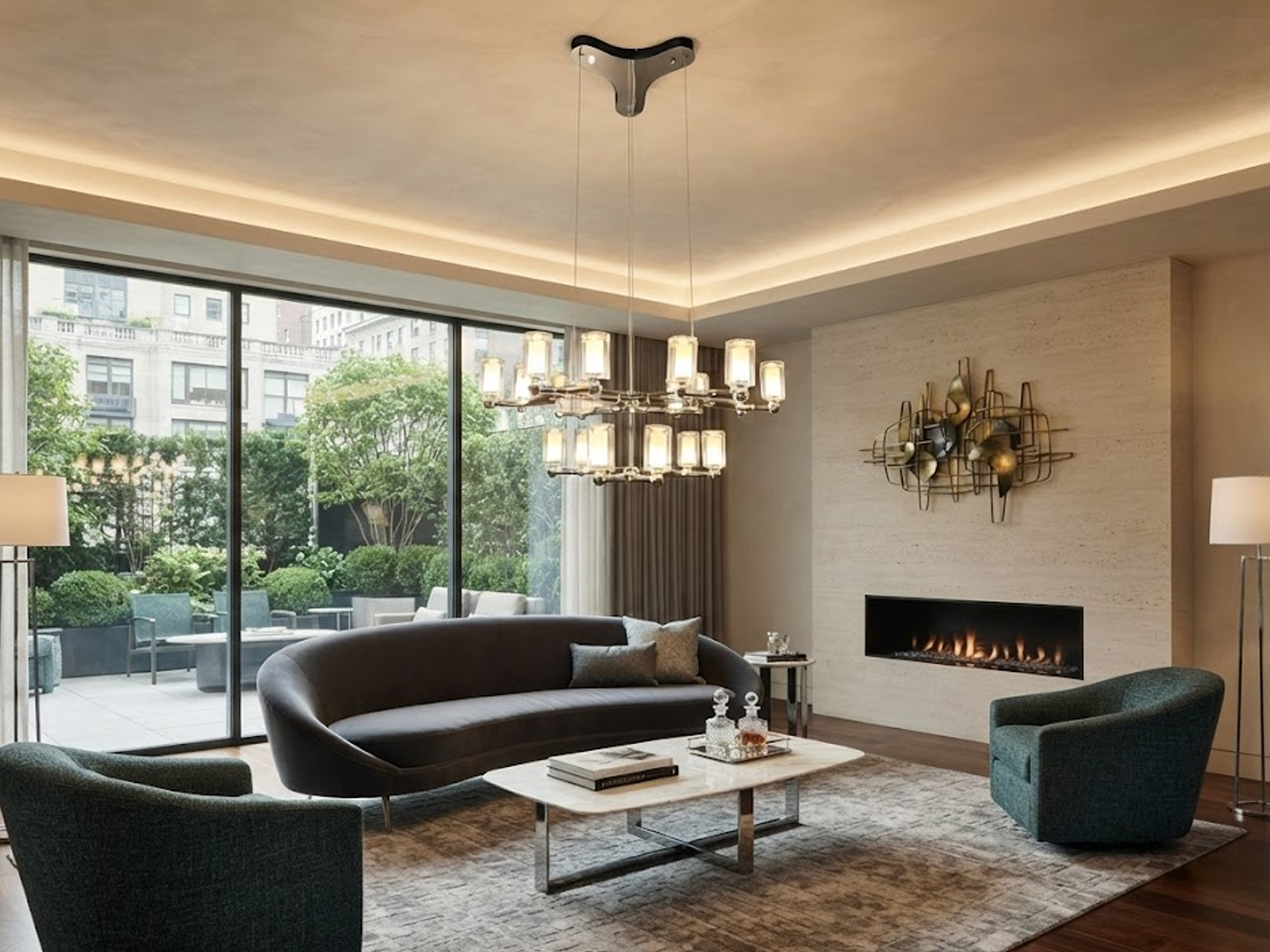 Modern tiered molecular branch LED chandelier with polished chrome finish suspended over a luxury dark dining table with velvet chairs