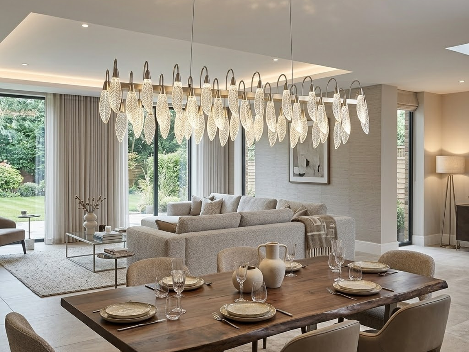 Large crystal-texture feather linear LED chandelier hanging above a luxury marble hotel reception desk in a contemporary lobby