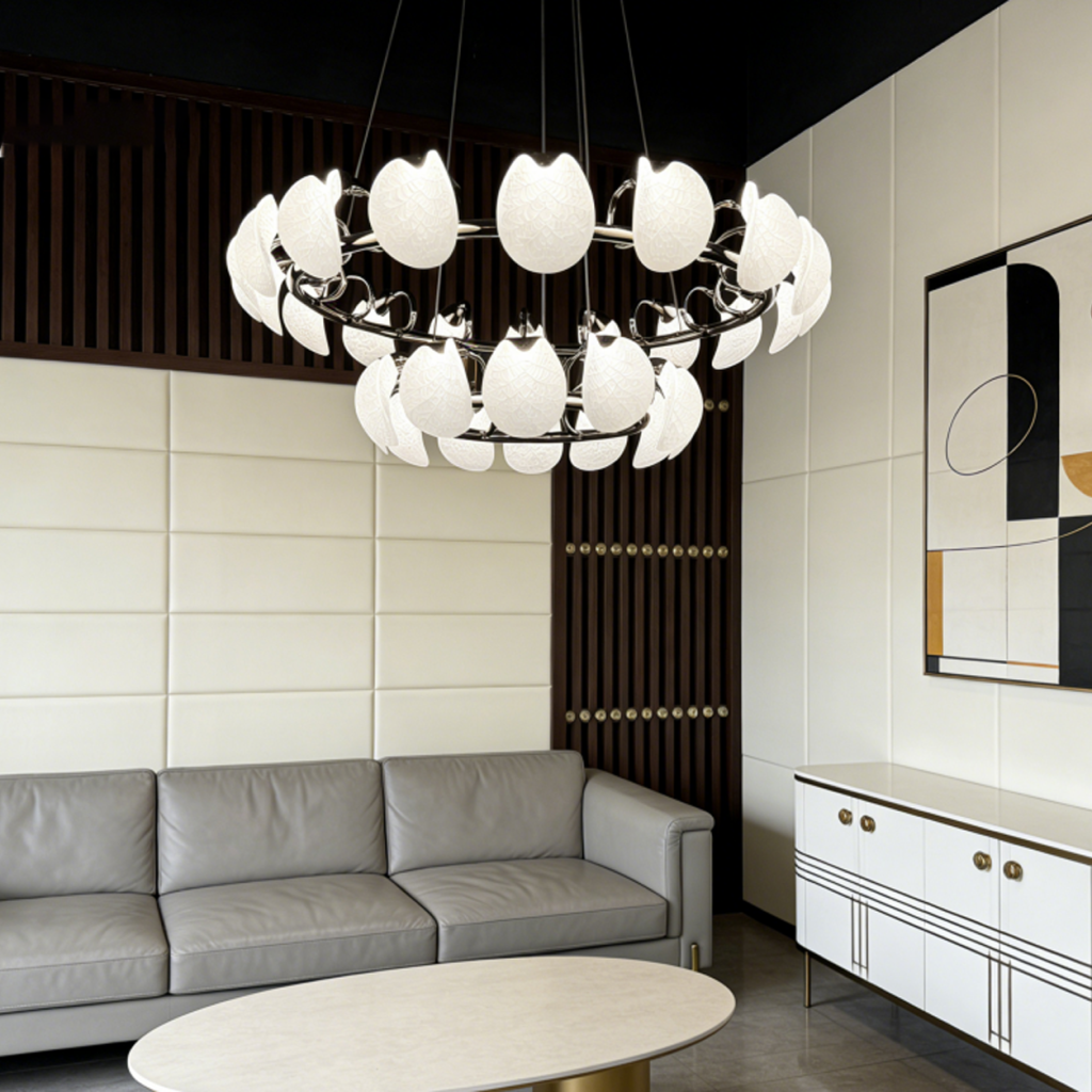 Two-tier leaf-vein halo ring LED chandelier with chrome steel frame hanging in a modern luxury living room above a grey leather sofa