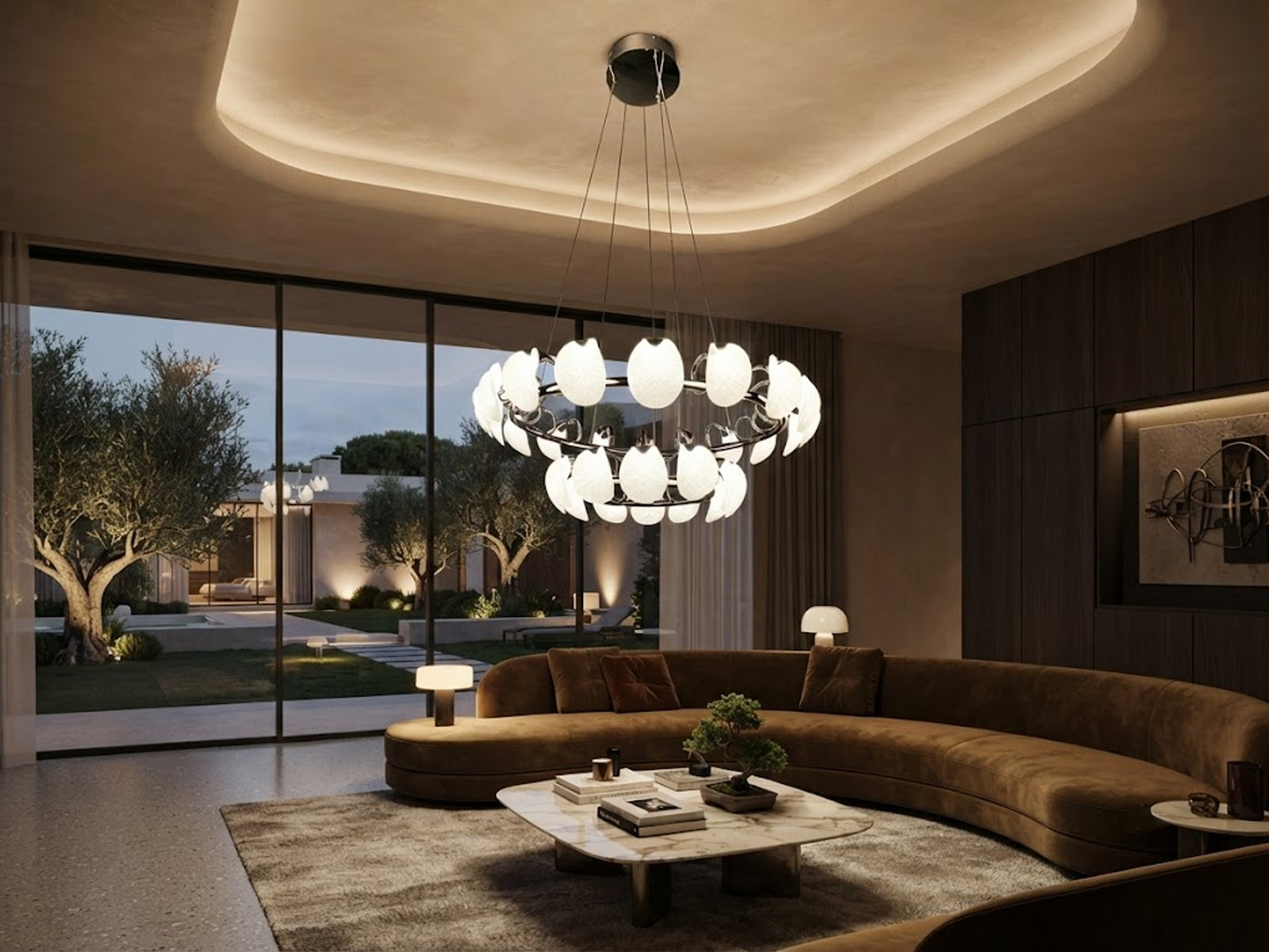 Two-tier leaf-vein halo ring LED chandelier with chrome steel frame hanging in a modern luxury living room above a grey leather sofa