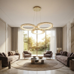 Modern 3-ring champagne gold aluminum LED chandelier with textured foil reflector rings and matching aluminum ceiling canopy