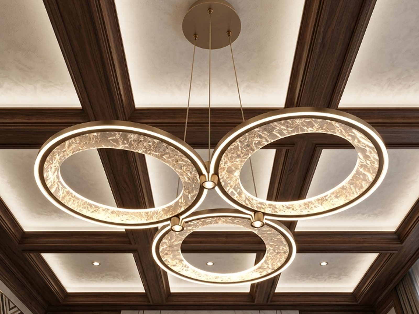 3-ring champagne gold aluminum LED chandelier with textured foil reflector rings and matching aluminum ceiling canopy