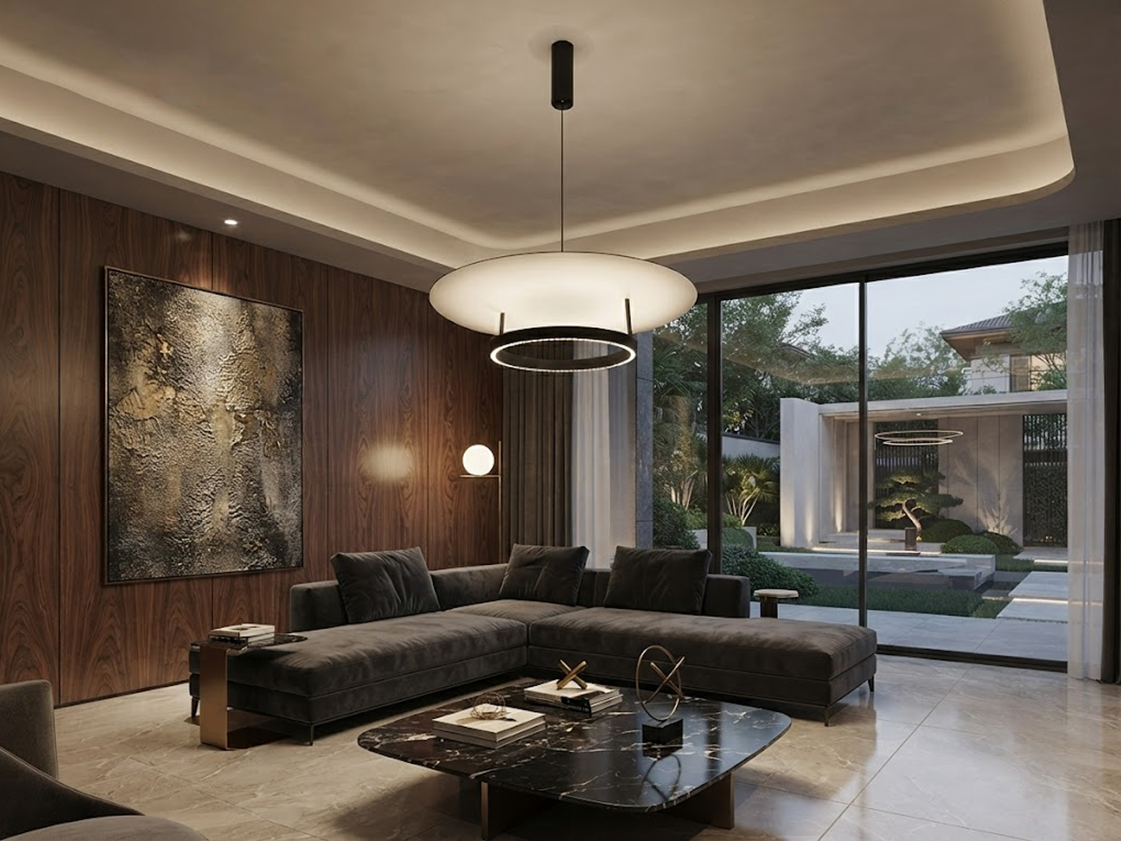 Modern eclipse circular ring aluminum LED pendant light with matte black ring and glowing aluminum reflector disc against grey background