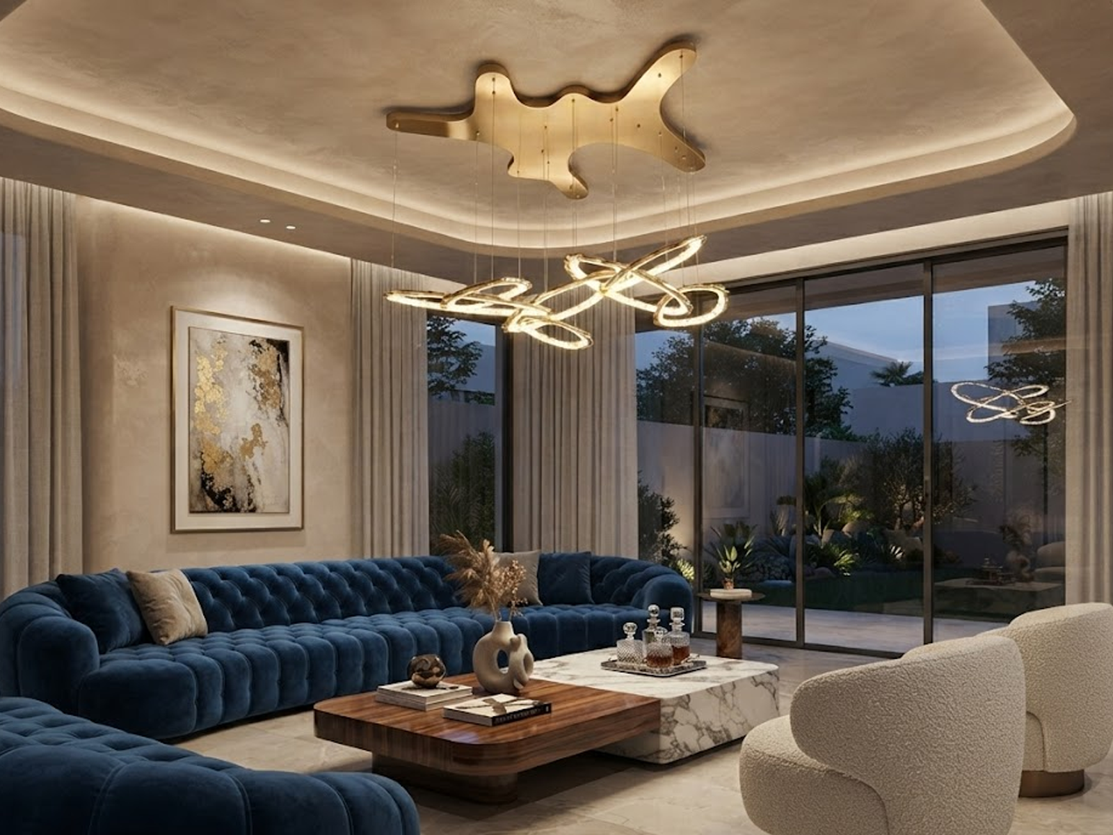 Upward view of modern gold ribbon LED chandelier suspended from matching organic shaped canopy with multi-loop wave design
