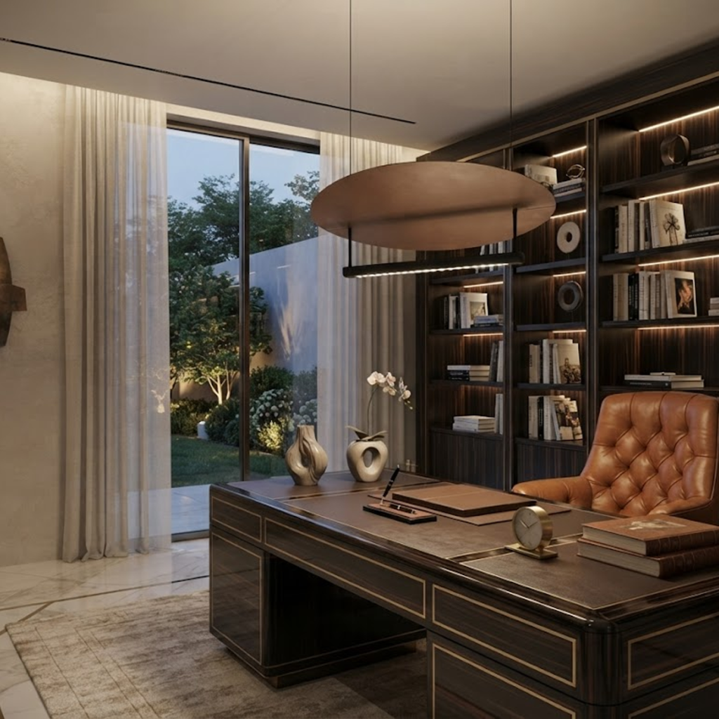 Warm halo lighting effect from linear aluminum LED bar reflecting off a bronze aluminum disc in a dark room