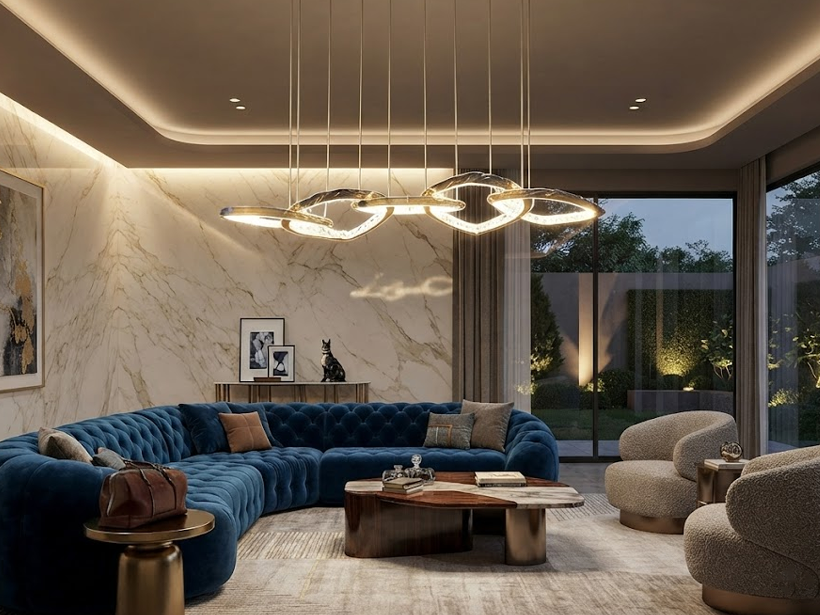 Modern organic vine interlocking ring linear LED chandelier hanging over a luxury living room sofa with gold mirror finish