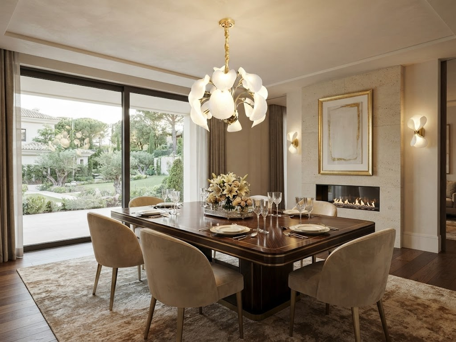 Modern blooming petal LED chandelier suspended in a contemporary luxury living room with beige sofas and wooden paneling