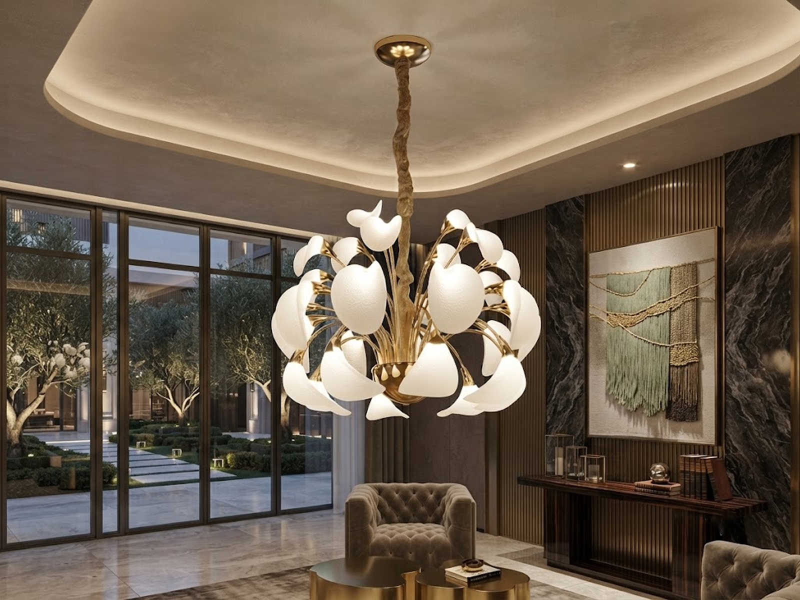 Spherical blooming petal LED chandelier hanging over a marble dining table in a contemporary luxury apartment