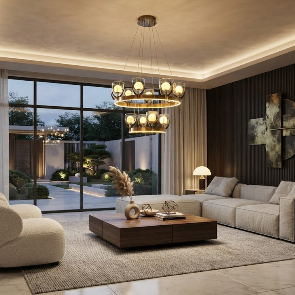 Tiered halo ring chandelier with brushed brown semi-matte oil finish hanging in a modern high-ceiling luxury living room