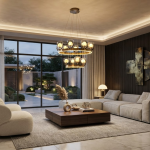 Tiered halo ring chandelier with brushed brown semi-matte oil finish hanging in a modern high-ceiling luxury living room
