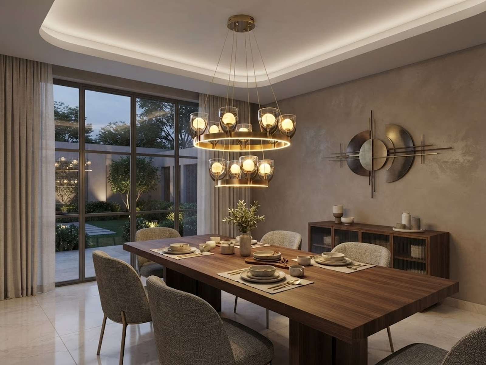 Tiered halo ring chandelier with brushed brown semi-matte oil finish hanging in a modern high-ceiling luxury living room