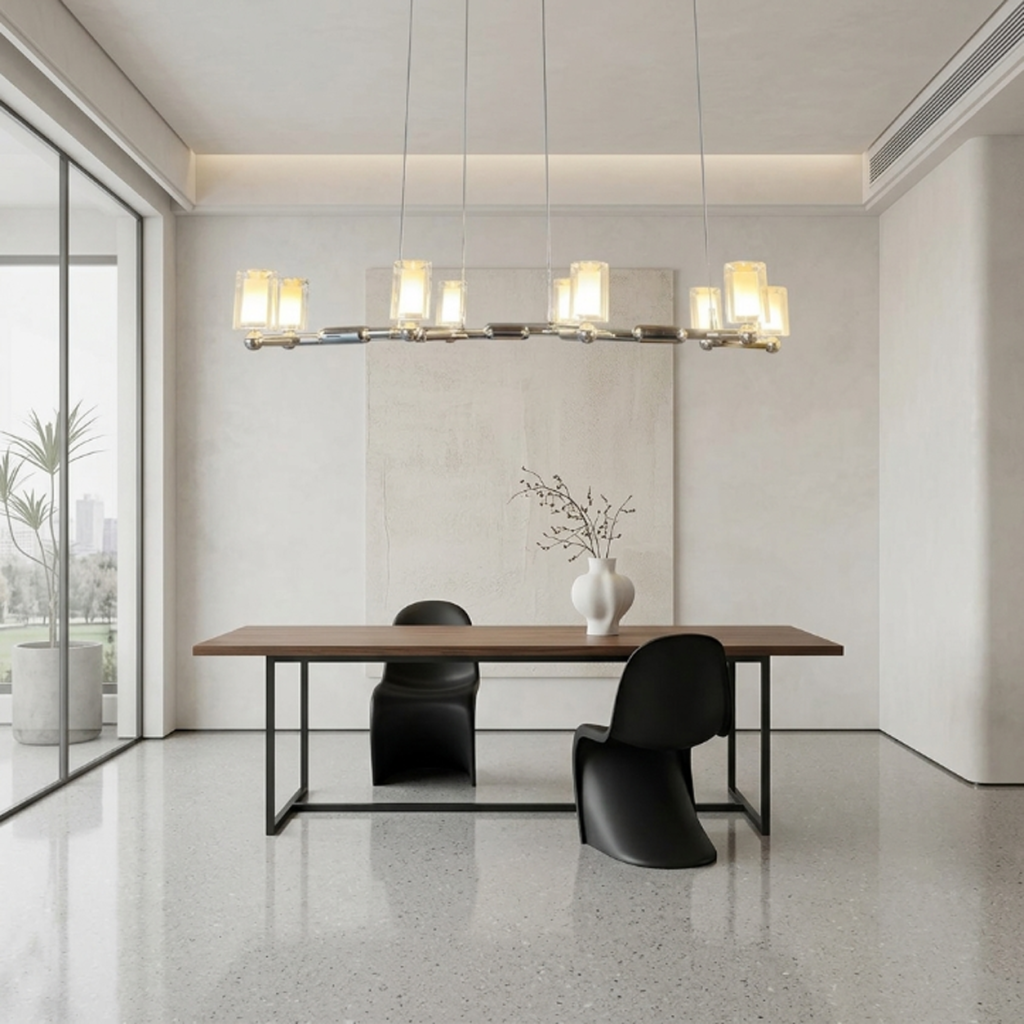 Glowing modern branching node linear LED chandelier with glass cylinder cups illuminated in living room