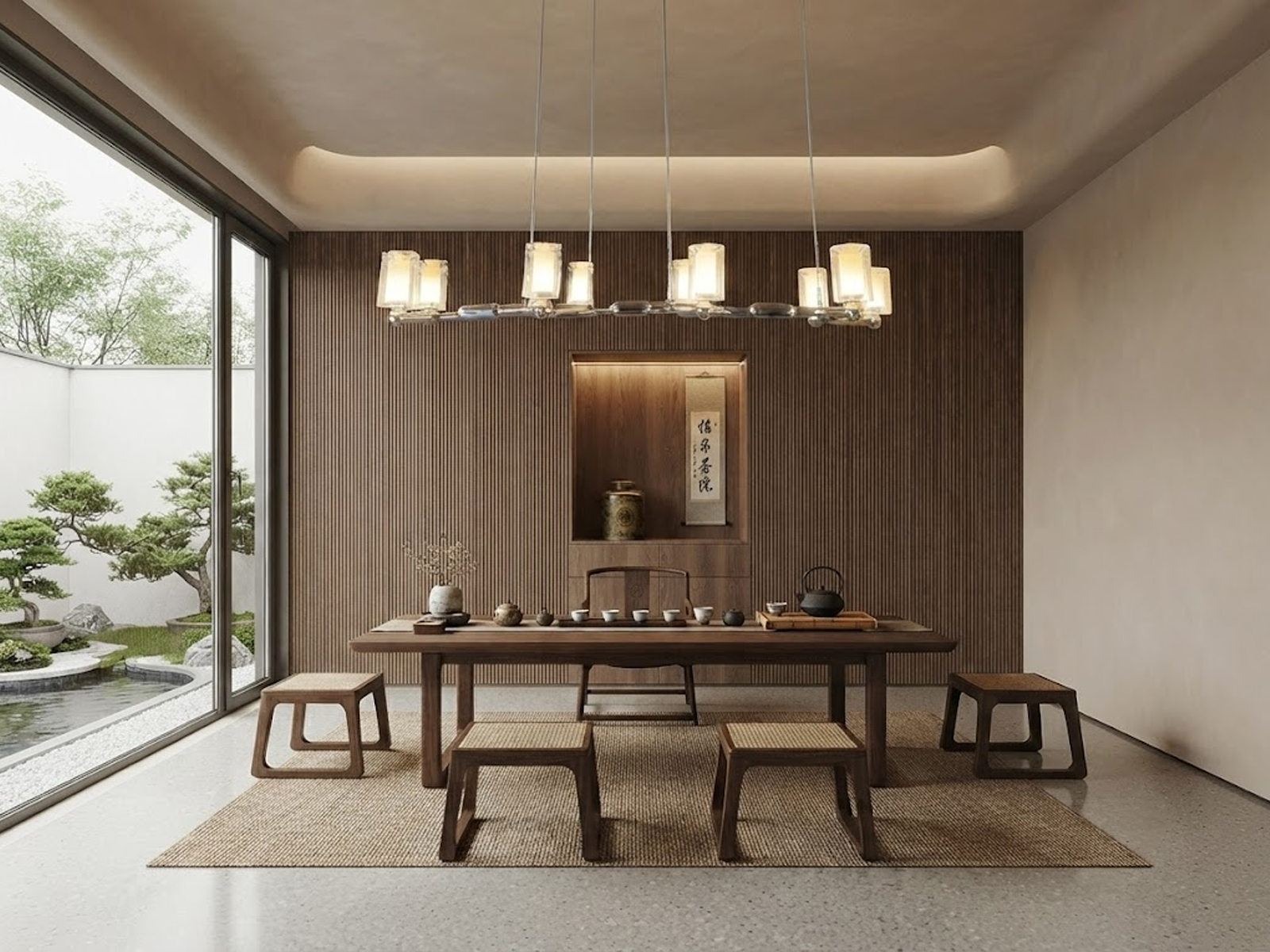 Glowing modern branching node linear LED chandelier with glass cylinder cups illuminated in living room