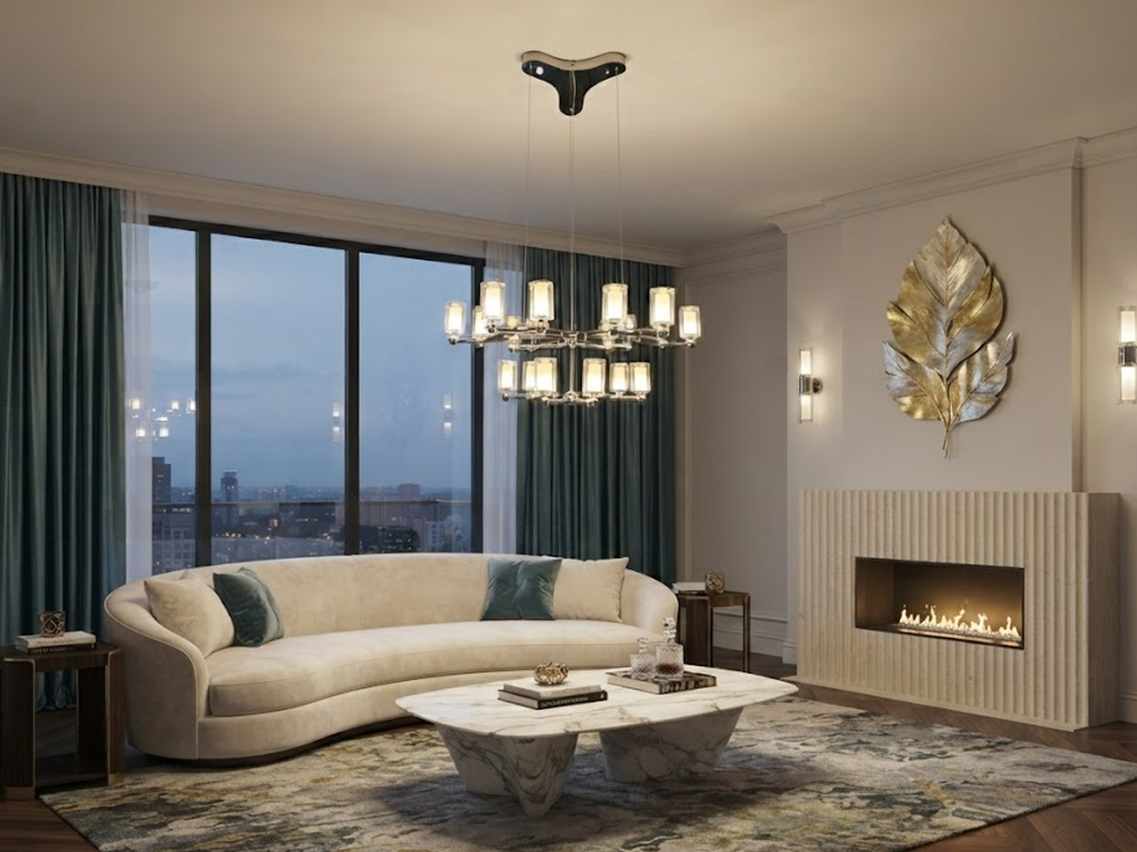 Modern tiered molecular branch LED chandelier with polished chrome finish suspended over a luxury dark dining table with velvet chairs