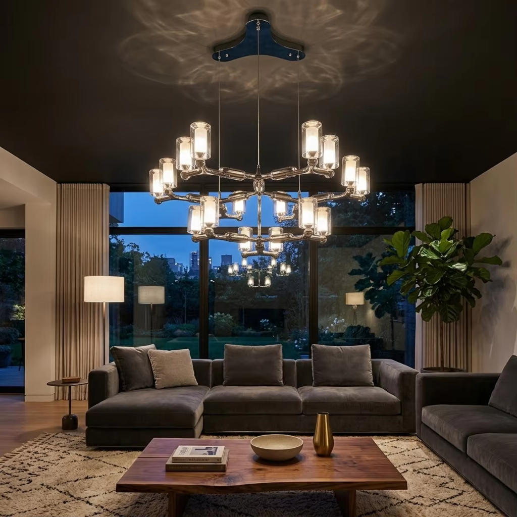 Modern tiered molecular branch LED chandelier with polished chrome finish suspended over a luxury dark dining table with velvet chairs